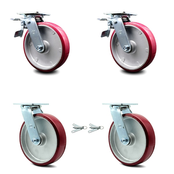 8 Inch Poly on Aluminum Caster Set with Ball Bearings 2 Brakes 2 Swivel Lock SCC